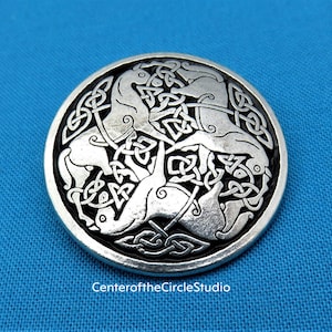 Epona Button 1 1/4&quot;, Tri Celtic Horses Button 1.25&quot; Handmade Solid Cast Silver Pewter Metal Costume Coat Irish Horses Sew on Sewable Button