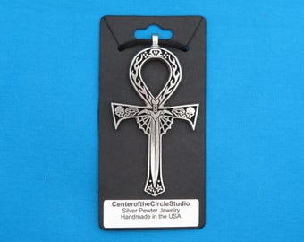 Gothic Vampire Ankh Necklace: (Large Version) Handmade Cast Silver Pewter