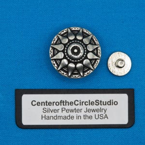 Sunburst Victorian Concho: (13/16 inch Small) Handmade Pewter Thread Lock Stud Back