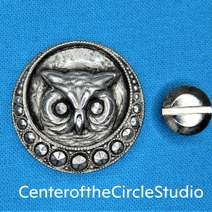 May include: A silver-toned owl button with a detailed owl face in the center, surrounded by a circle of small, clear rhinestones. A smaller, matching button is next to it. The background is a solid blue fabric.