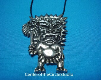 Angry Tiki God Necklace: Decaf Coffee Tiki God Handmade, Hand Sculpted Cast Silver Pewter Metal Hawaiian Tiki Pendant Gift