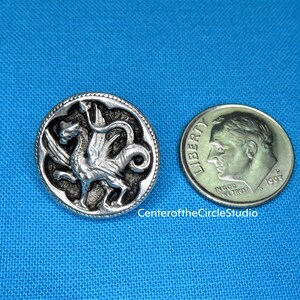 a silver dragon pin and a United States quarter coin on a blue background.