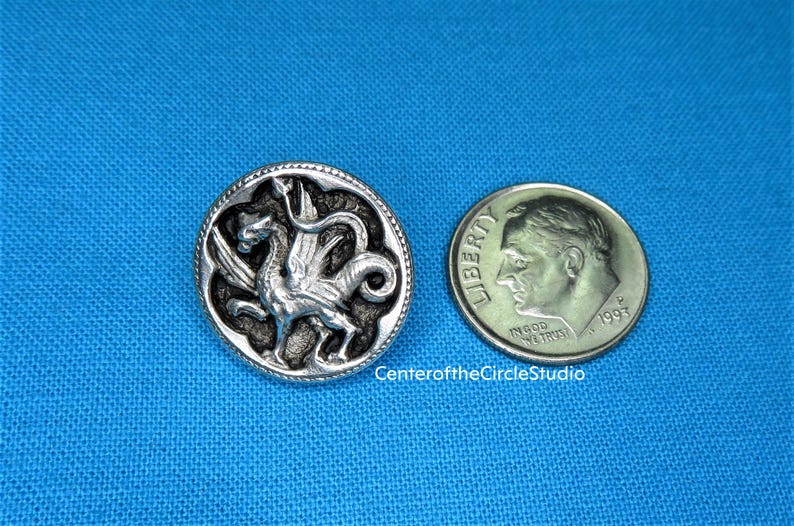 a silver dragon pin and a United States quarter coin on a blue background.