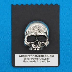 Large Skull Button, 1&quot; wide, Handmade Human Skull Sew on Shank button, Cast Silver Pewter Metal, Decorative Replacement Clothing Button