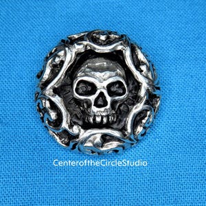 Skull Button with Leaf and Vine, 1&quot;, Handmade Solid Cast Silver Pewter Metal Sew On Button for Coats, Costumes