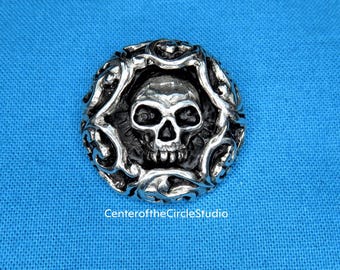 Skull Button with Leaf and Vine: (1 inch) Handmade Solid Cast Silver Pewter Metal Sew On Sewable Button for Coats, Blazers, Costumes