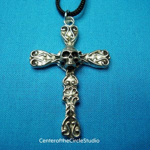 Cross with Skull Necklace, Handmade Cast Silver Pewter Jewelry Christian Cross, Religious Gift