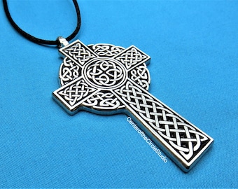 Celtic Cross Necklace: (Large) Individually Handmade Cast Silver Pewter Metal Irish Pendant, Christian Cross Gift
