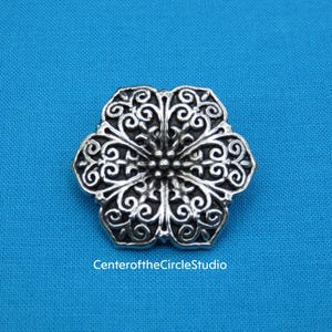 Floral Button, 1 1/8&quot;, Handmade Decorative Victorian Style Flower Button, Silver Pewter Metal Replacement Clothing Costuming Sew On Button