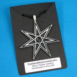 Septagram Heptagram 7 Pointed Star Necklace, Large Individually Handmade Cast Silver Pewter Sacred Geometry Star Necklace Great Gift