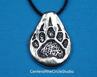 Rustic Bear Paw Necklace: Hand Sculpted Solid Silver Pewter Talisman