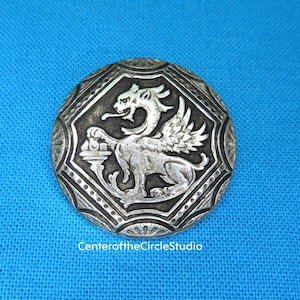 Griffin Dragon Button, 15/16&quot;, 23.7 mm Handmade Cast Silver Pewter Metal Gryphon Griffon reproduction replacement shank back clothing button