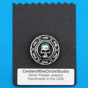 Skull Button, 7/8&quot;, Large, Handmade Cast Silver Pewter Metal replacement Clothing sew on Shank Style Buttons Great for Pirate Costumes