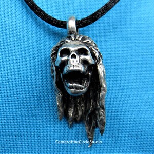 Shrunken Head Necklace, Handmade Cast Silver Pewter Metal Hairy Screaming Human Skull Shrunken Head Jewelry