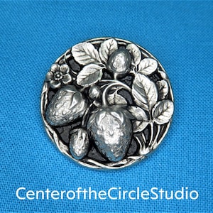Strawberries Button, 1 1/16&quot;, Large Handmade Victorian Strawberry Silver Pewter Cast Metal Sew On Shank Style Button for Costumes, Coats