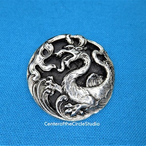 Sea Serpent Dragon Button: (1-1/16 inch) Silver Pewter Sew On Costume Accessory