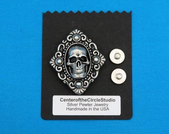Large Skull Concho, Large Victorian Mourning Style Handmade Solid Silver Pewter Cast Chicago Screw Concho works great for Leather work