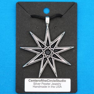 Large Bahá&#39;í Star, Nonagram, Enneagram, 9 Pointed Star Necklace, Handmade Cast Silver Pewter Metal, Great Sacred Geometry Necklace Gift