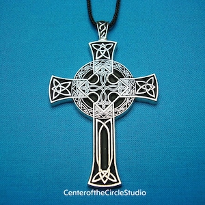 Celtic Cross, Large Handmade Cast Silver Pewter Metal Irish Celtic Cross Necklace, &quot;The Bellamy Cross&quot;, Christian Cross Jewelry Gift