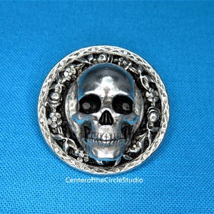 Skull with Roses Border 1 1/8&quot; Button, Handmade Solid Cast Silver Pewter Sew On Sewable Replacement Clothing Blazer Coat Vest Button