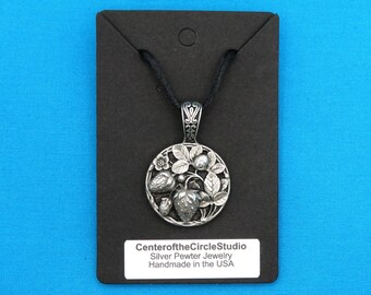 Strawberries Necklace: Handmade Cast Silver Pewter Victorian Reproduction Pendant with Strawberries, Great Gift