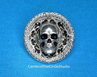 Elegant Skull Button: (7/8 inch) Handmade Silver Pewter Metal Shank Back Sew-On Accessory