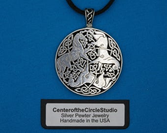 Tri Celtic Horses (Epona) Pendant: Large Silver Pewter (Handmade, Choice of Necklace)