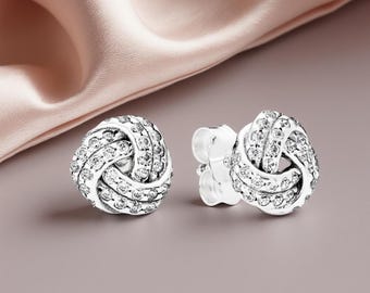 Silver Pandora Knots Stud Earrings, Sparkling Knot Earrings for Women, Sparkling Curved Design.
