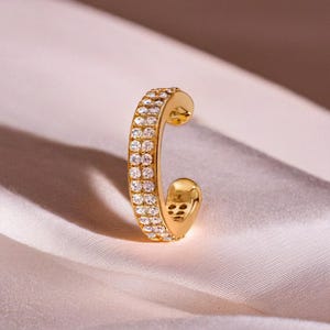 Gold Oval Pave Ear Cuff Earrings, Double Row CZ Diamond Design, Minimalist Sparkling Jewellery Gift for Mum