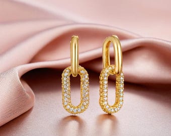 14K Gold-Plated Paper Clips, Square Chain Rings, Pendant Earrings, Double Hoop, Huggie Earrings, Gold Jewellery Suitable Gifts For Women