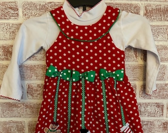 Vintage 1990s Girls Corduroy Christmas Dress | Polka Dot Holiday Jumper w/ Appliqué
