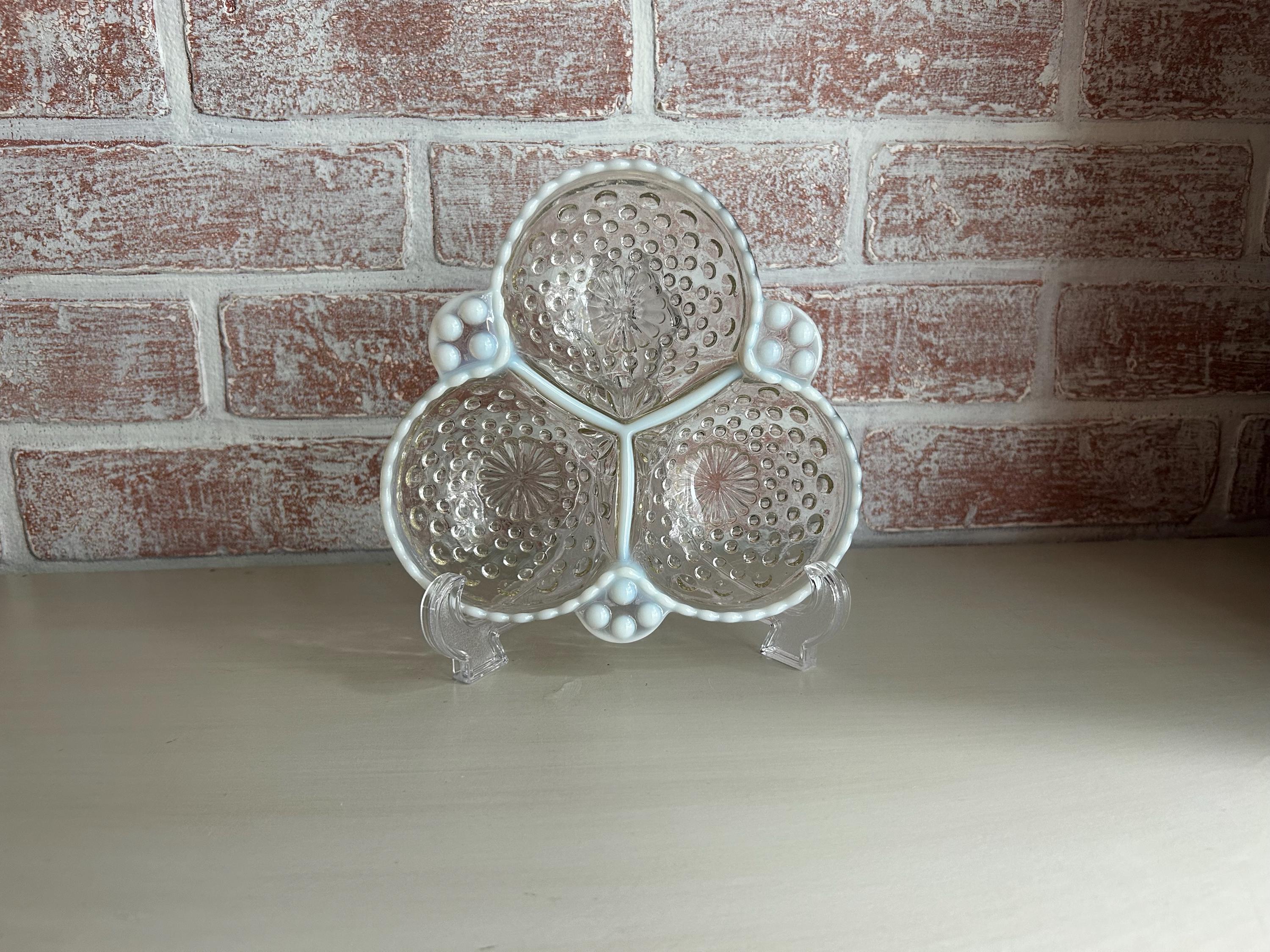 Vintage Fenton Opalescent Moonstone Hobnail 3 Section Divided Serving/Candy/Trinket Dish