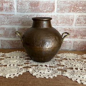 Small Antique Turkish Copper Cooking Pot with Brass Handles | Late 19th Century Hand-Hammered Copper Vessel | Rustic Ottoman Kitchen Decor