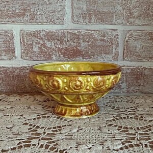 Vintage Napcoware Pedestal Bowl Planter Yellow Brown Drip Glaze Mid Century Ceramic Compote Vase 1970s Boho Decor