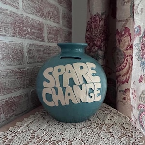 Vintage 1970s Spare Change Ceramic Piggy Bank Aqua Blue Coin Bank w/ Cork Stopper Retro Home Decor