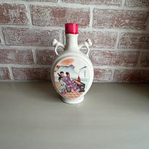 Vintage 1960&#39;s Chinese Porcelain Hand Painted Sanliangye Wine Liquor Bottle/Decanter with Monkey Shaped Handles