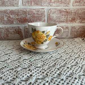 Vintage 1960&#39;s Royal Windsor, England, Fine Bone China Footed Tea Cup and Saucer with Yellow Roses and Gold Trim