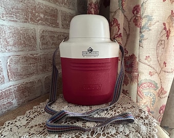 Vintage Coleman Dimensions Red Water Jug Cooler | 1990s Insulated Thermos with Strap | 3-Piece Beverage Container