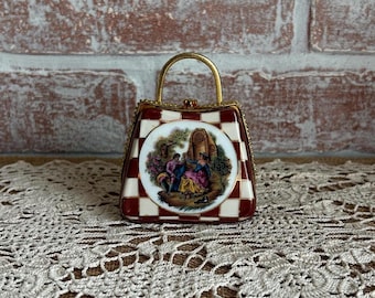 Vintage Porcelain Purse Trinket Box w Gold Handle | Victorian Courting Scene | Satin Lined Hinged Jewelry Box | 1980s Vanity Decor