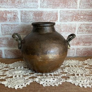 Large Antique Turkish Copper Cooking Pot with Brass Handles | Late 19th Century Hand-Hammered Copper Vessel | Rustic Ottoman Kitchen Decor