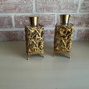 Vintage, 1960&#39;s-1970&#39;s, Hollywood Regency Style Gilt Filagree Encased Glass Perfume Bottles - Set of 2