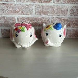 Mid-Century Elephant Piggy Bank Pair – Boy & Girl – Hand Painted Japan Ceramic Banks with Stoppers – Vintage Nursery Decor