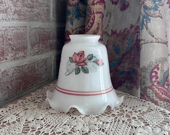 Vintage Milk Glass Student Lamp Shade Ruffled Hurricane Shade Red Rose Floral 2" Fitter Replacement