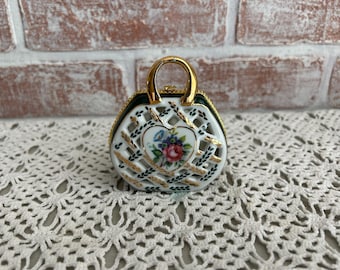 Vintage 1980&#39;s &quot;My Treasure&quot; Hand Painted Floral Green Porcelain Satin Lined Purse Trinket Box with Gold Handle