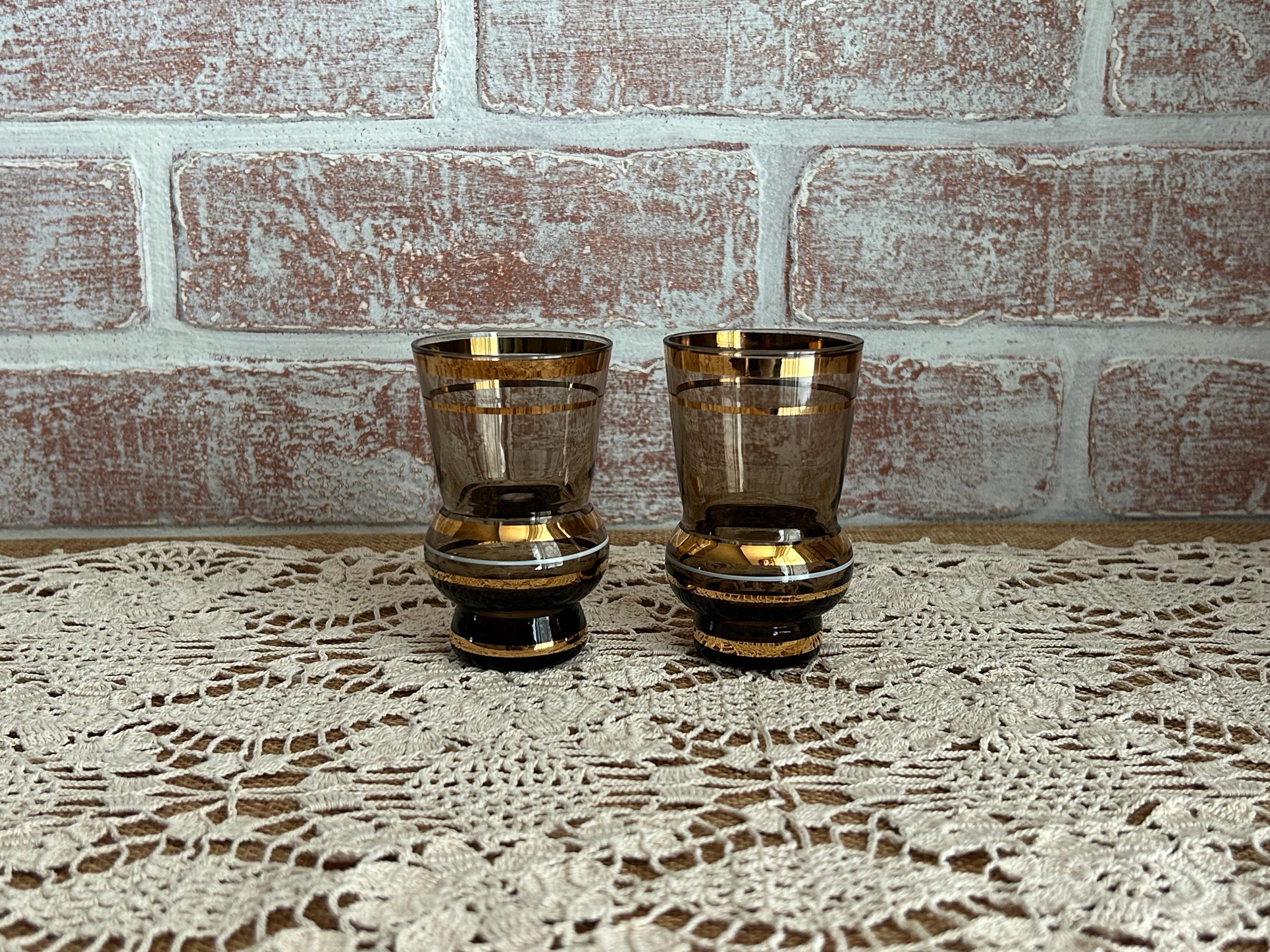 Mid-Century Smoked Glass Cordial Set  Brown & Gold Rimmed Whiskey Glasses   1960s70s Italian Barware  Set of 2