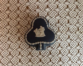 Vintage Wedgewood Black Basalt Dark Blue Clover Shaped Trinket Box