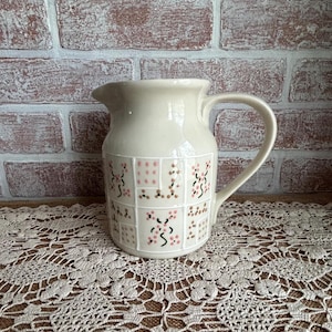 Vintage 1980s Hartstone Pottery Stoneware Milk Pitcher – Hand Painted Floral Tile Pattern – Signed John Hart – Farmhouse Kitchen Decor