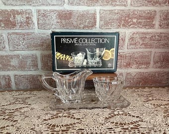 Vintage Bavarian Royal Crystal Prisme Collection Creamer Sugar Cube Set Tray Box West Germany Lead Crystal