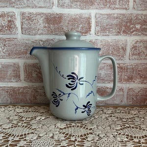 Vintage Tulowice Poland Blue Floral Coffee Pot with Lid – Hand Painted Polish Pottery Tea Pot, Soft Blue Gray Mid Century Kitchen Decor