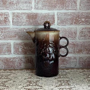 Vintage Japanese Drip Glaze Coffee Pot Carafe with Lid Brown Ceramic Fruit Motif Mid Century 1970s